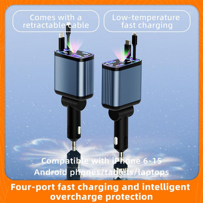 ZL07 Retractable Starry Sky Car Charger 120W Super Fast Charging 4-In-1 USB Type-C & Lightning Cables Retractable for Smartphones