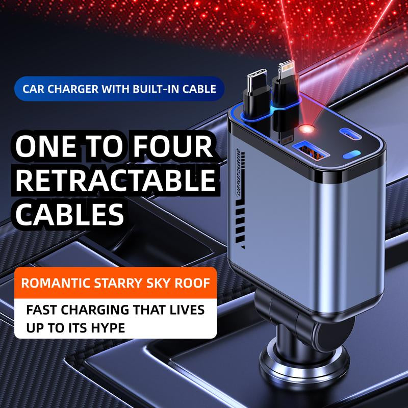 ZL07 Retractable Starry Sky Car Charger 120W Super Fast Charging 4-In-1 USB Type-C & Lightning Cables Retractable for Smartphones