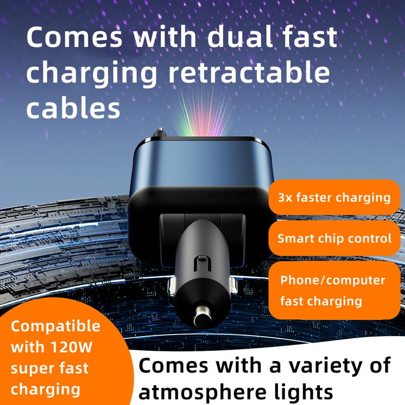 ZL07 Retractable Starry Sky Car Charger 120W Super Fast Charging 4-In-1 USB Type-C & Lightning Cables Retractable for Smartphones