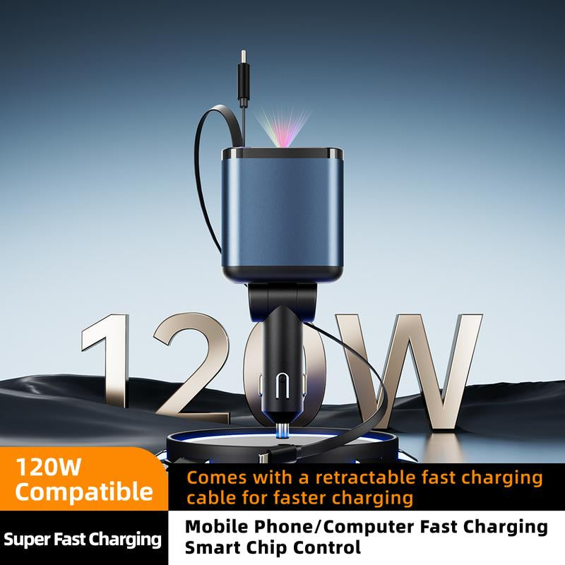 ZL07 Retractable Starry Sky Car Charger 120W Super Fast Charging 4-In-1 USB Type-C & Lightning Cables Retractable for Smartphones