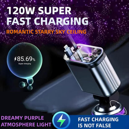 ZL07 Retractable Starry Sky Car Charger 120W Super Fast Charging 4-In-1 USB Type-C & Lightning Cables Retractable for Smartphones