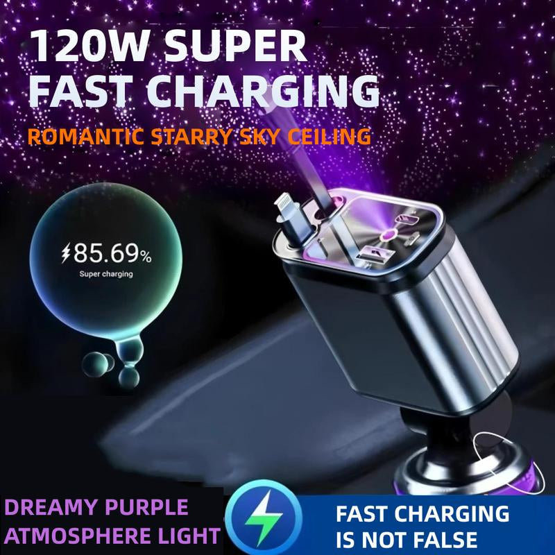 ZL07 Retractable Starry Sky Car Charger 120W Super Fast Charging 4-In-1 USB Type-C & Lightning Cables Retractable for Smartphones